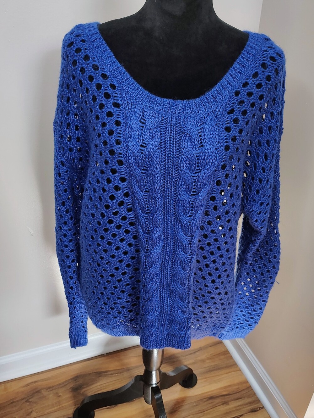 Blue Open Knit Cable Knit Sweater Oversized Wool Blend Pullover - Picture 6 of 7